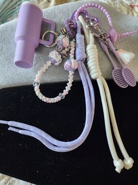 Lavender & Cream Beaded Bag Charm or Keychain Accessory Set, NWOT